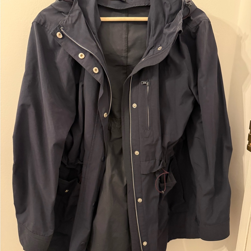 J. Crew Navy Hooded Raincoat with Zip & Snap Front